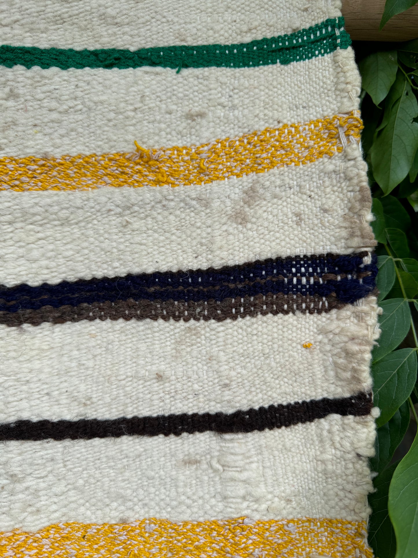 MAROC Vintage Berber Textile CREAM GREEN YELLOW STRIPE RUG