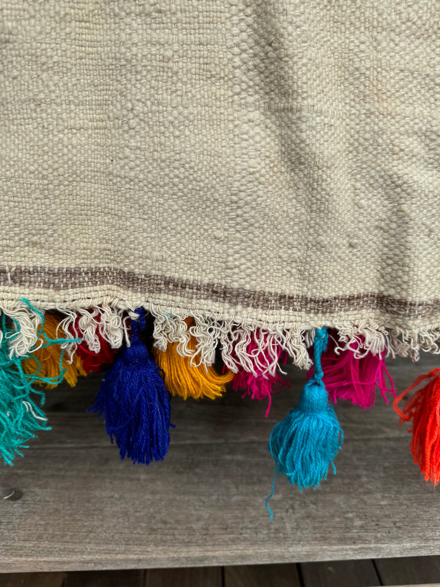 MAROC Vintage Berber Textile CREAM BROWN BRIGHT TASSELS