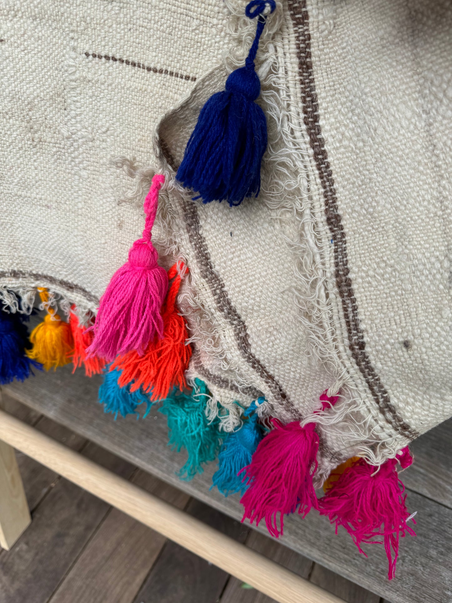 MAROC Vintage Berber Textile CREAM BROWN BRIGHT TASSELS
