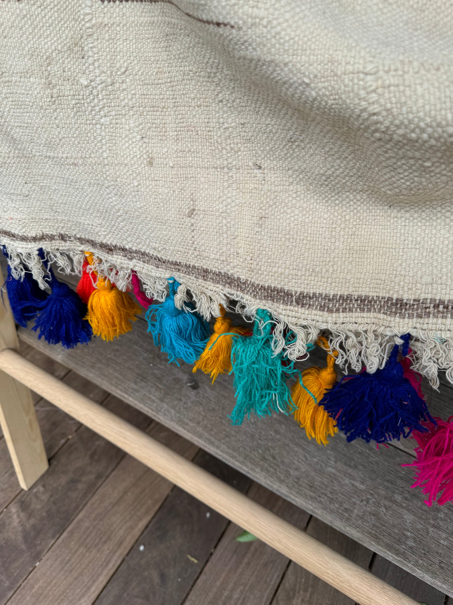 MAROC Vintage Berber Textile CREAM BROWN BRIGHT TASSELS