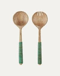 Madam Stoltz Wooden Salad Set w Natural Green Cane