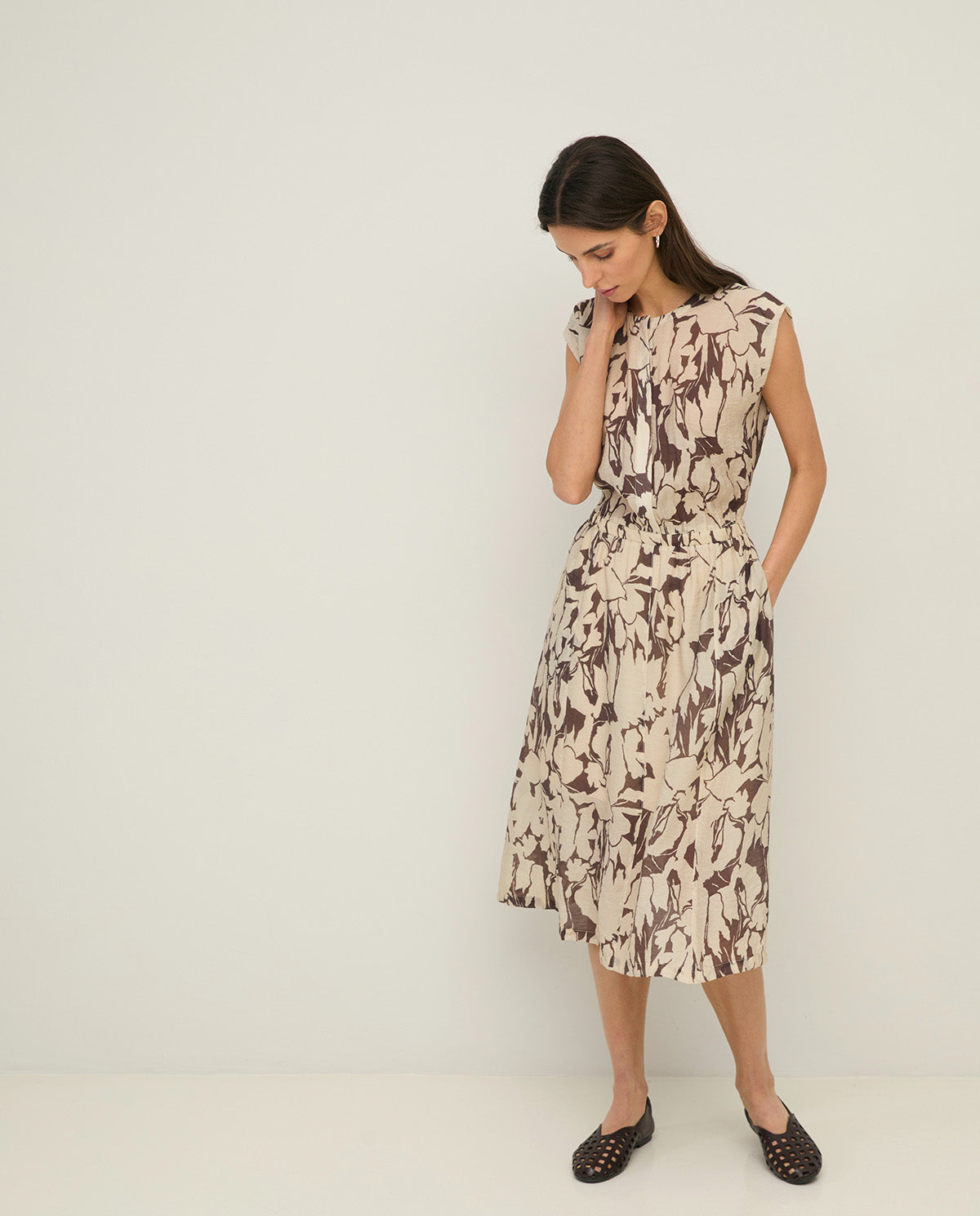 YERSE SS26 Printed Viscose Dress Brown