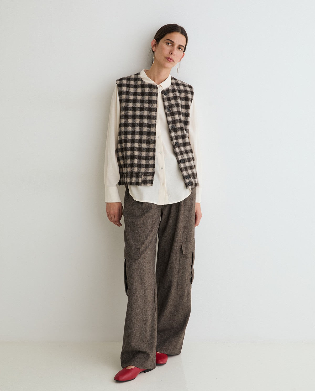 Yerse Boiled Wool Gilet Brown Check
