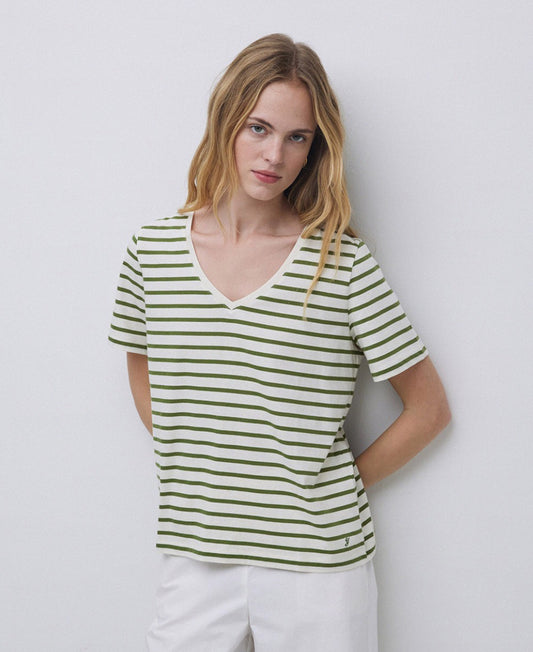 Yerse S25 42006 Organic V-neck striped T-shirt Green