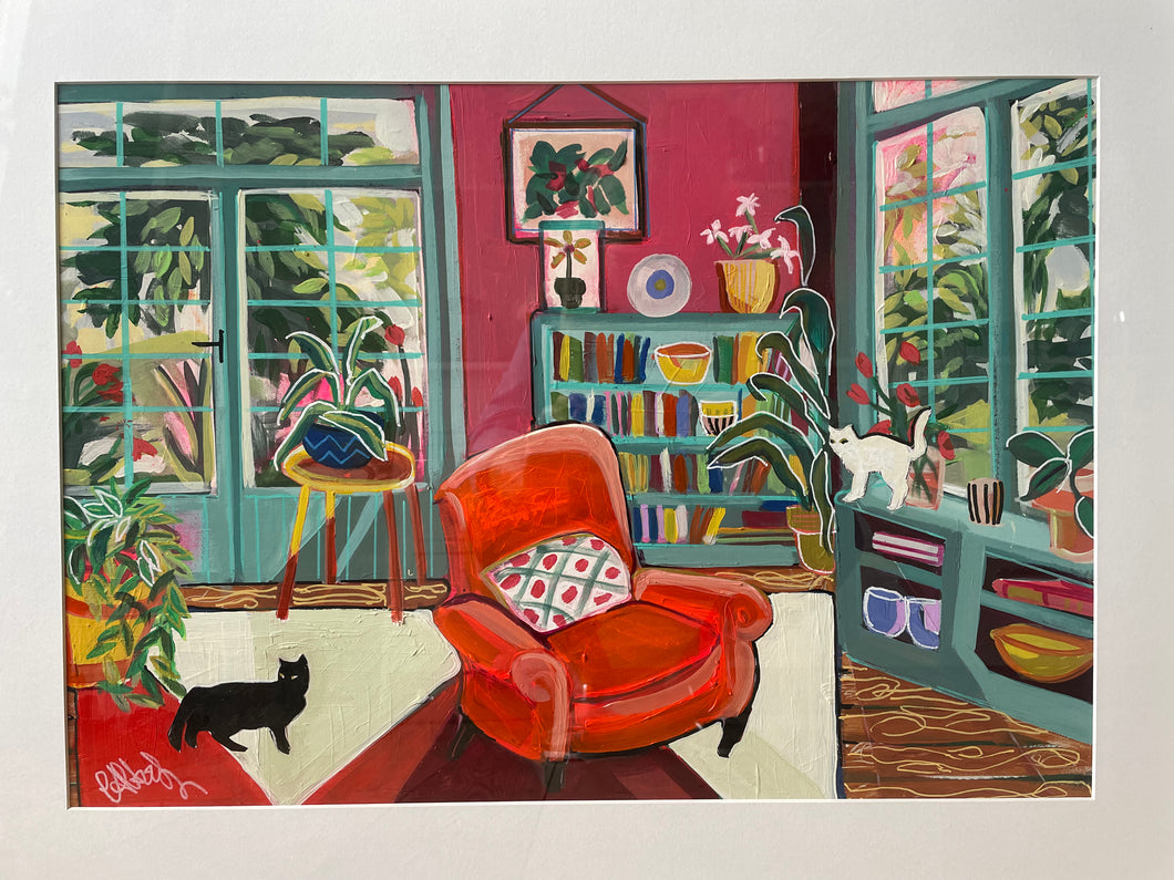 Christine Hodson Painting Green Doors and Windows with Black and white cats