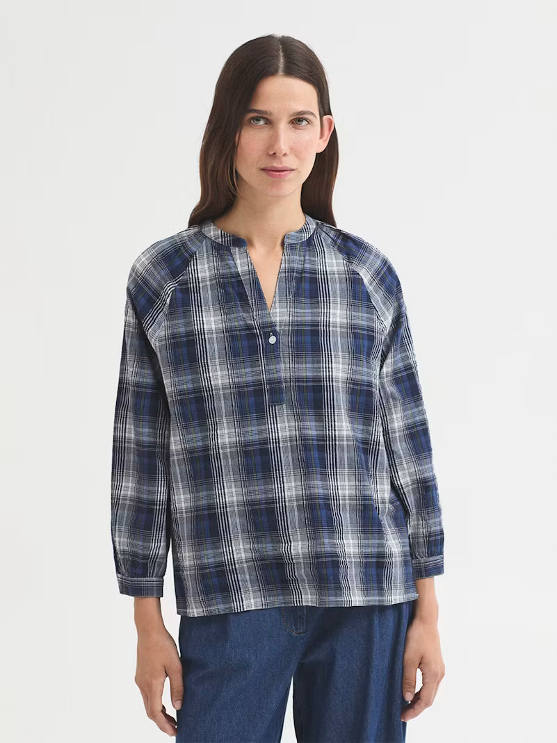 Nice things AW26 Poplin checks mao collar blouse, Ink blue