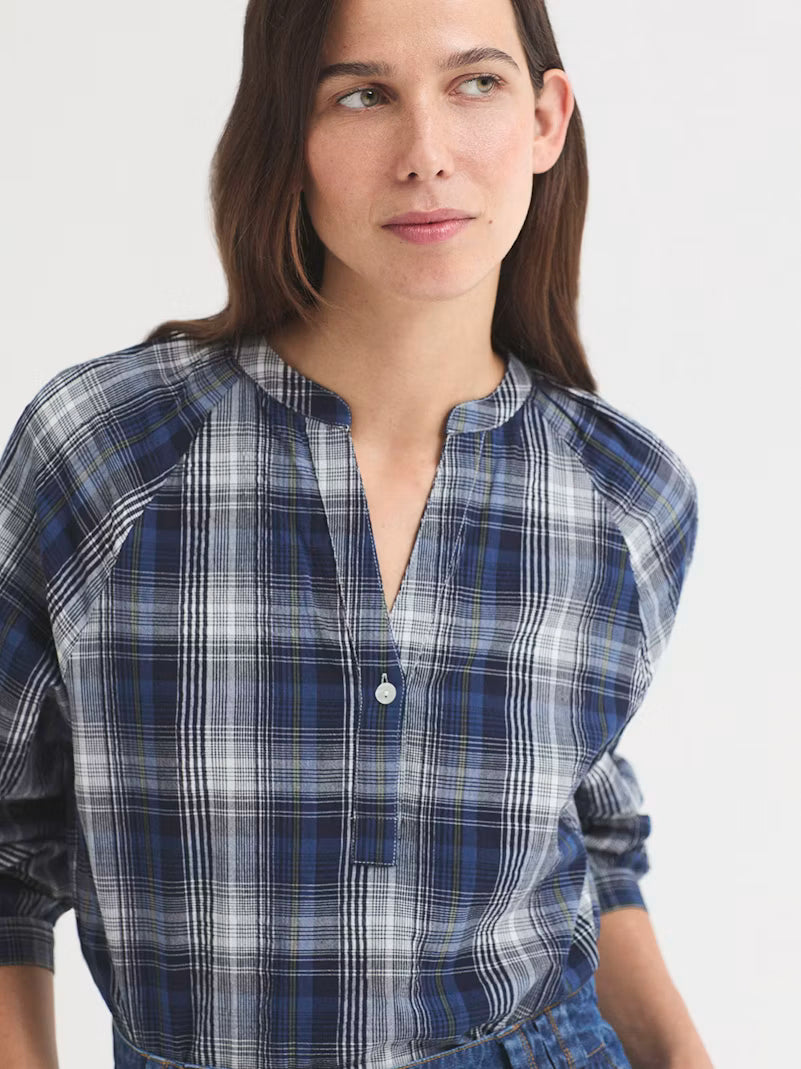 Nice things AW26 Poplin checks mao collar blouse, Ink blue