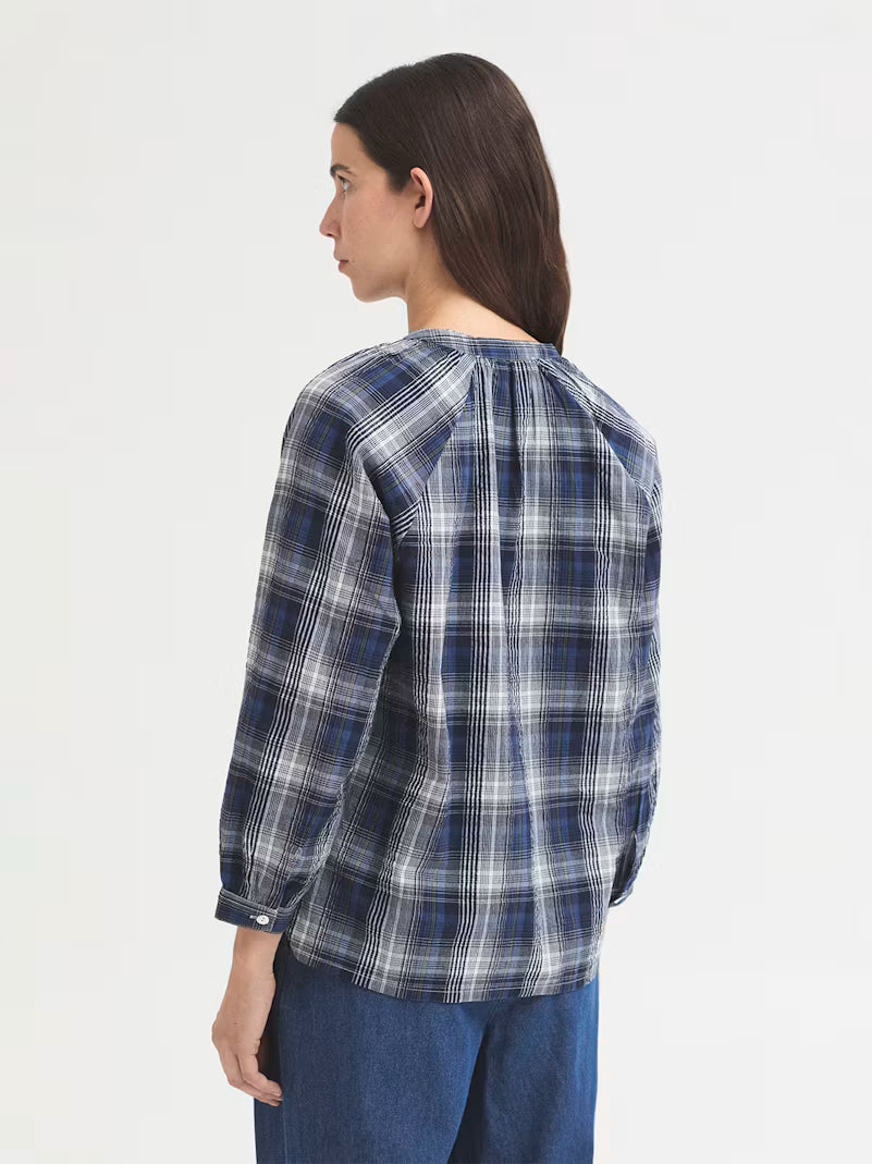 Nice things AW26 Poplin checks mao collar blouse, Ink blue
