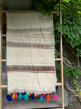 Load image into Gallery viewer, MAROC Vintage Berber Textile CREAM BROWN BRIGHT TASSELS
