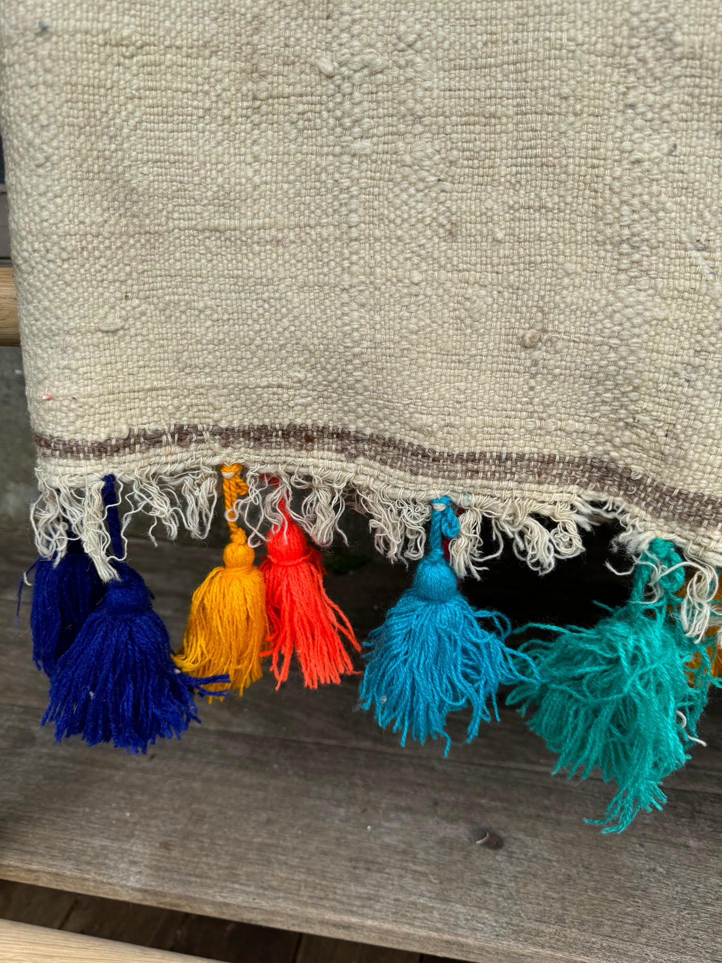 MAROC Vintage Berber Textile CREAM BROWN BRIGHT TASSELS