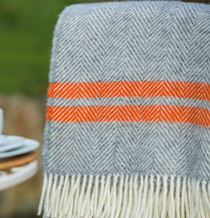 Tweedmill Blanket - Fishbone 2  Stripe Grey/Pumpkin